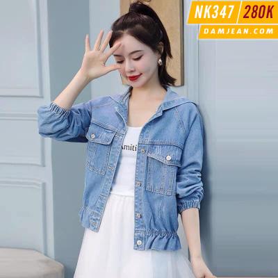 ÁO KHOÁC JEAN NỮ FORM NGẮN CÓ NÓN THÊU CHỮ SAU LƯNG - NK347